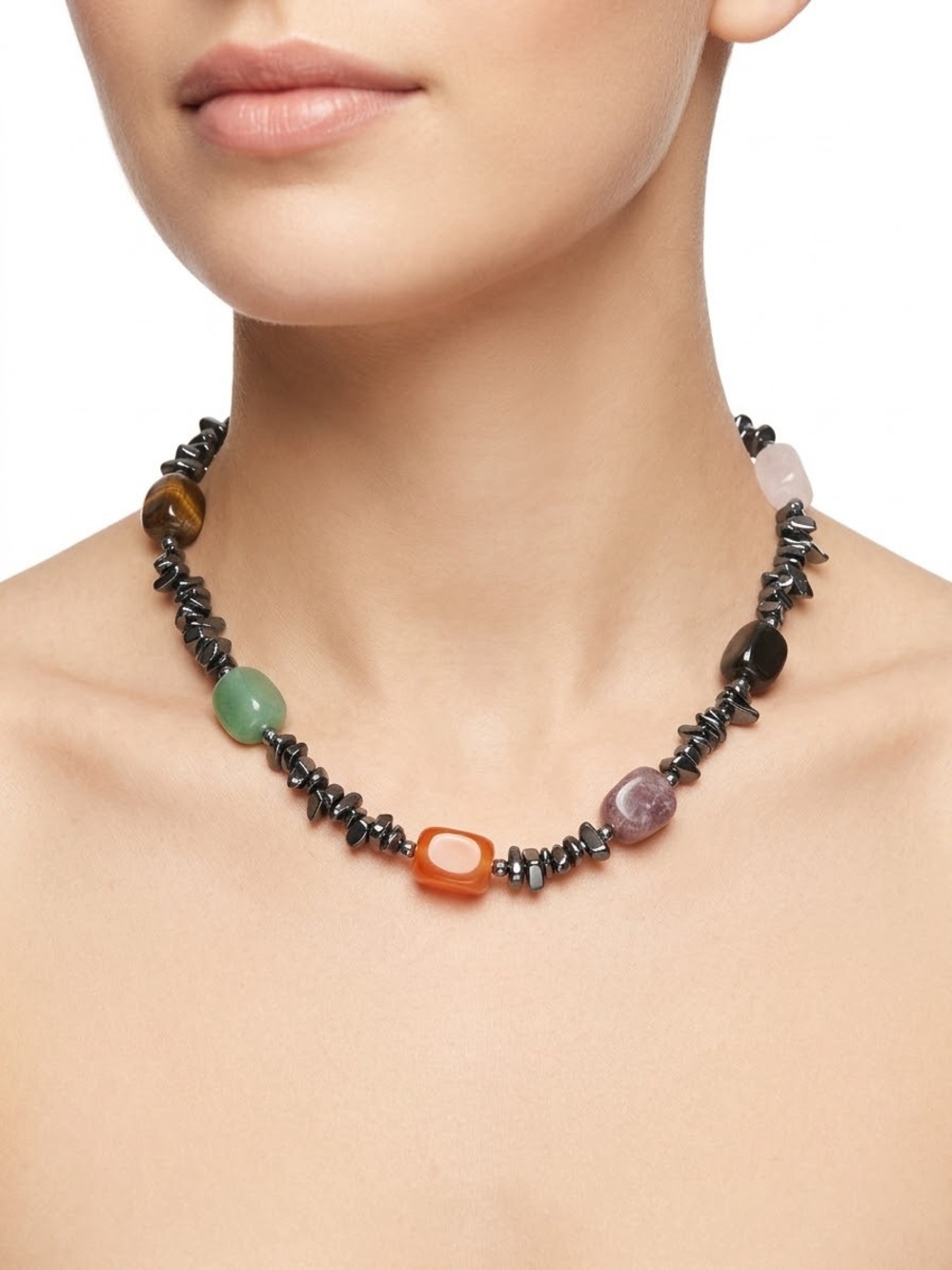 Multi-Stone Hematite Bead Necklace - Green, Orange, Purple, Pink, Brown Agate